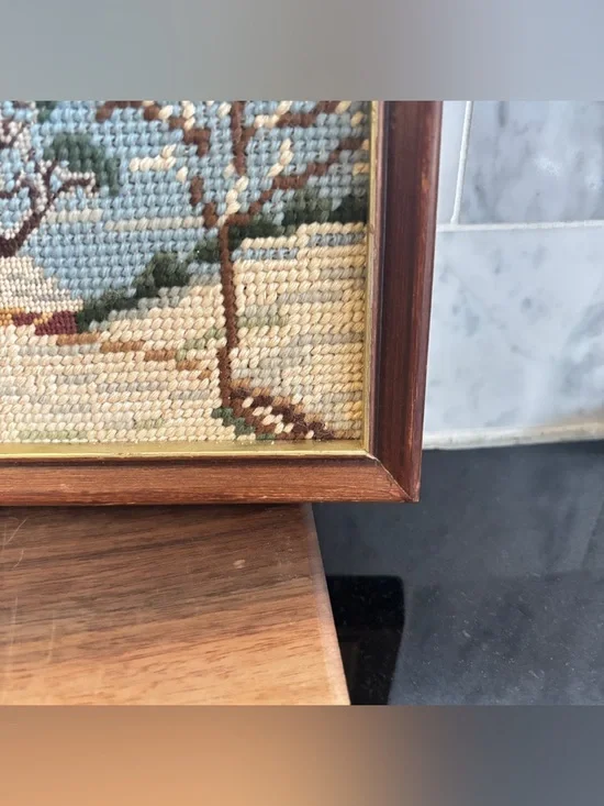 Vintage Pair of Small Framed Needlepoint Art of Spring and Winter Landscapes - Picture 9 of 10